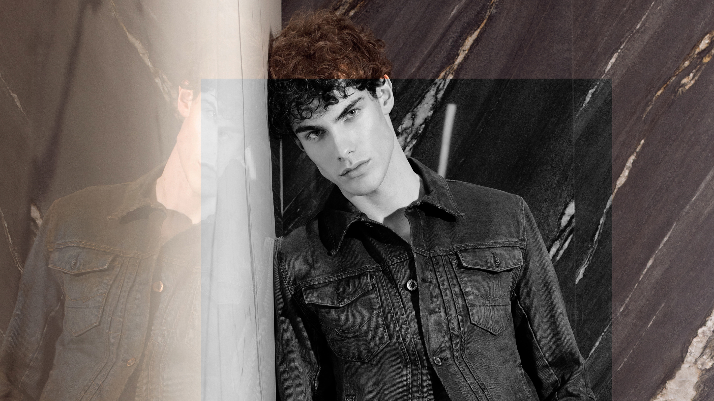 Large banner divided into three sections, 1/3. Showcasing different styles of men’s jeans. Text on image: “Find Your Fit.” Invitation to explore our range of men’s jean fits.