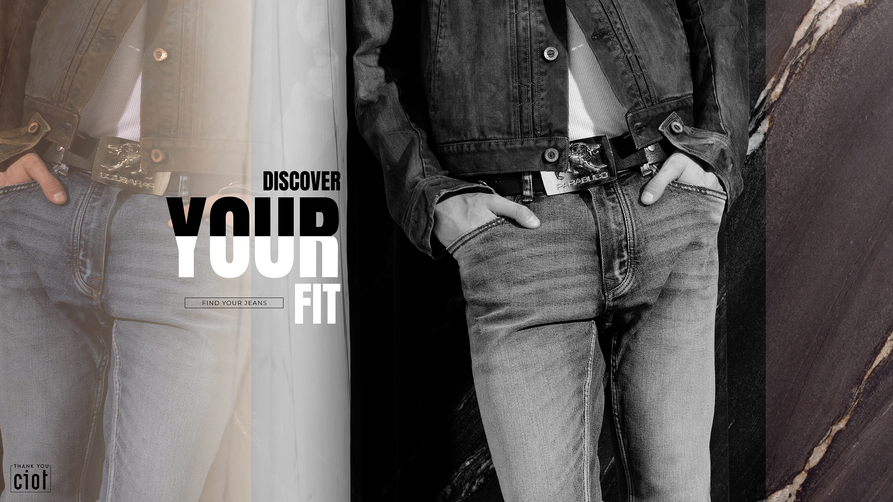 Large banner divided into three sections, 2/3. Showcasing different styles of men’s jeans. Text on image: “Find Your Fit.” Invitation to explore our range of men’s jean fits.