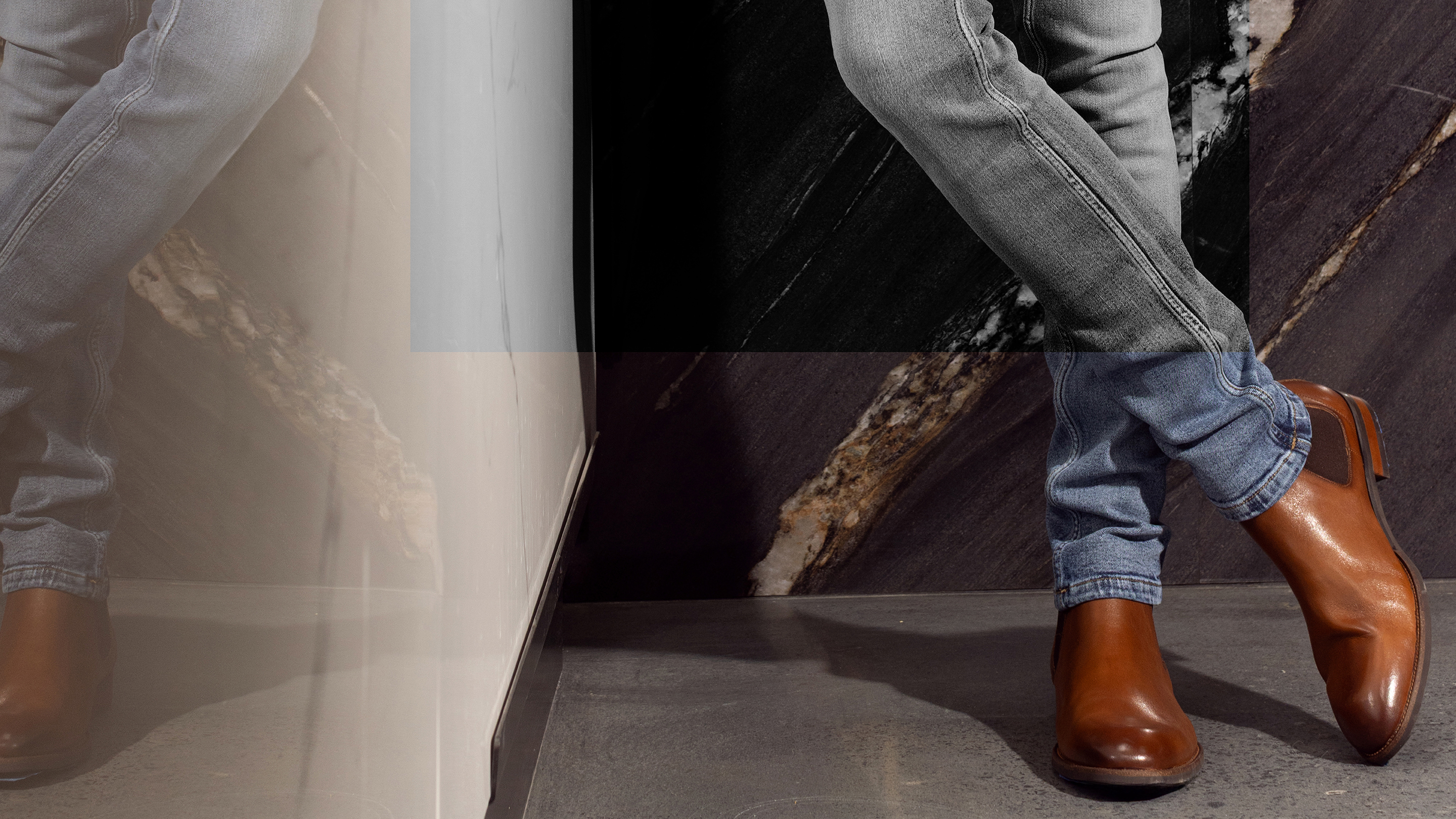Large banner divided into three sections, 3/3. Showcasing different styles of men’s jeans. Text on image: “Find Your Fit.” Invitation to explore our range of men’s jean fits.