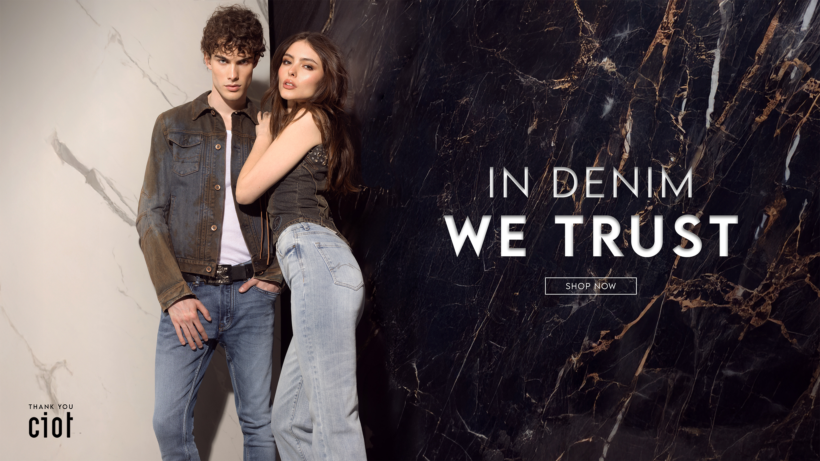 Descriptive text: In Denim We Trust. Man and Women wearing light wash denim jeans and archival Parasuco tops from 1990s