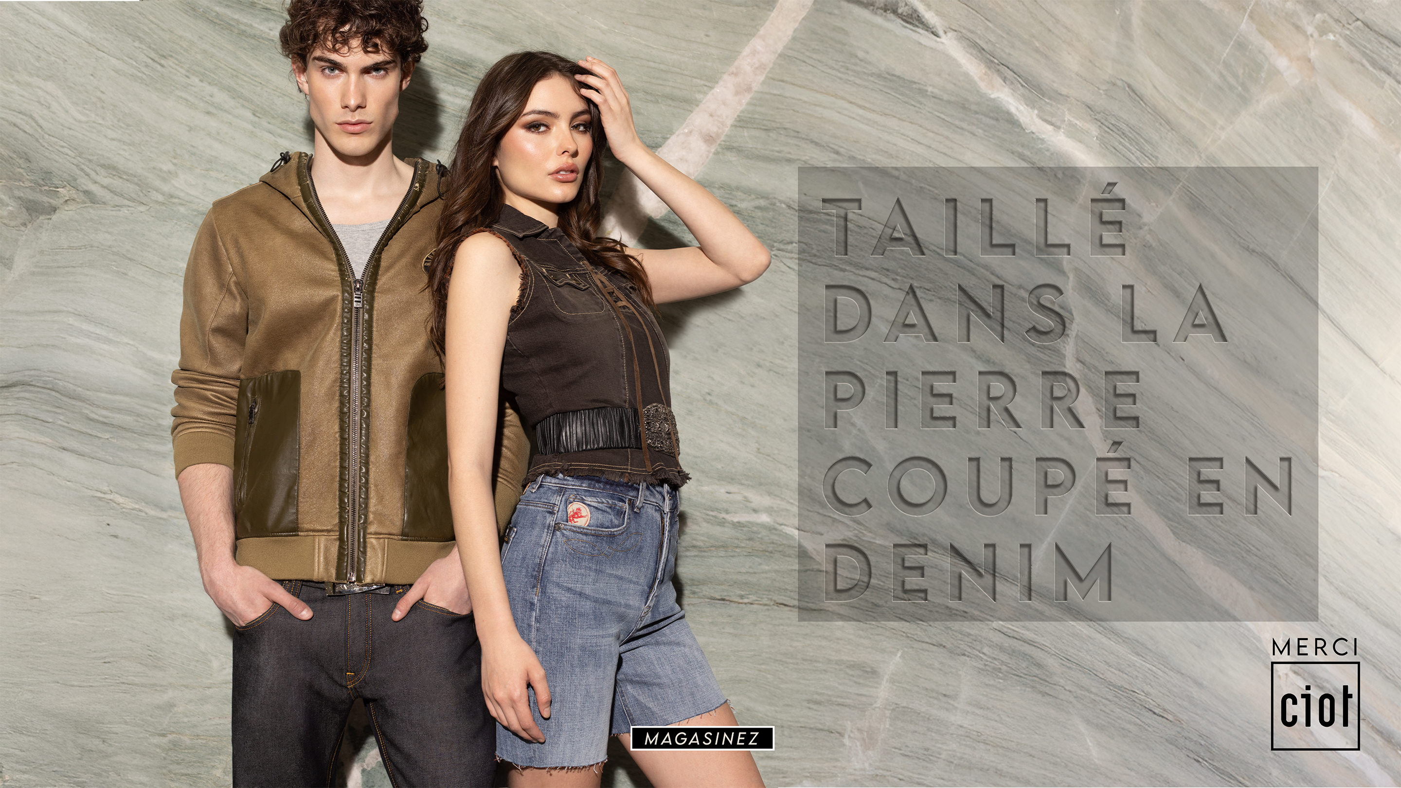homme qui porte un chandail avec fermeture éclair avec une paire de jeans en denim brut. femme porte un haut vintage et une paire de jorts en denim 
