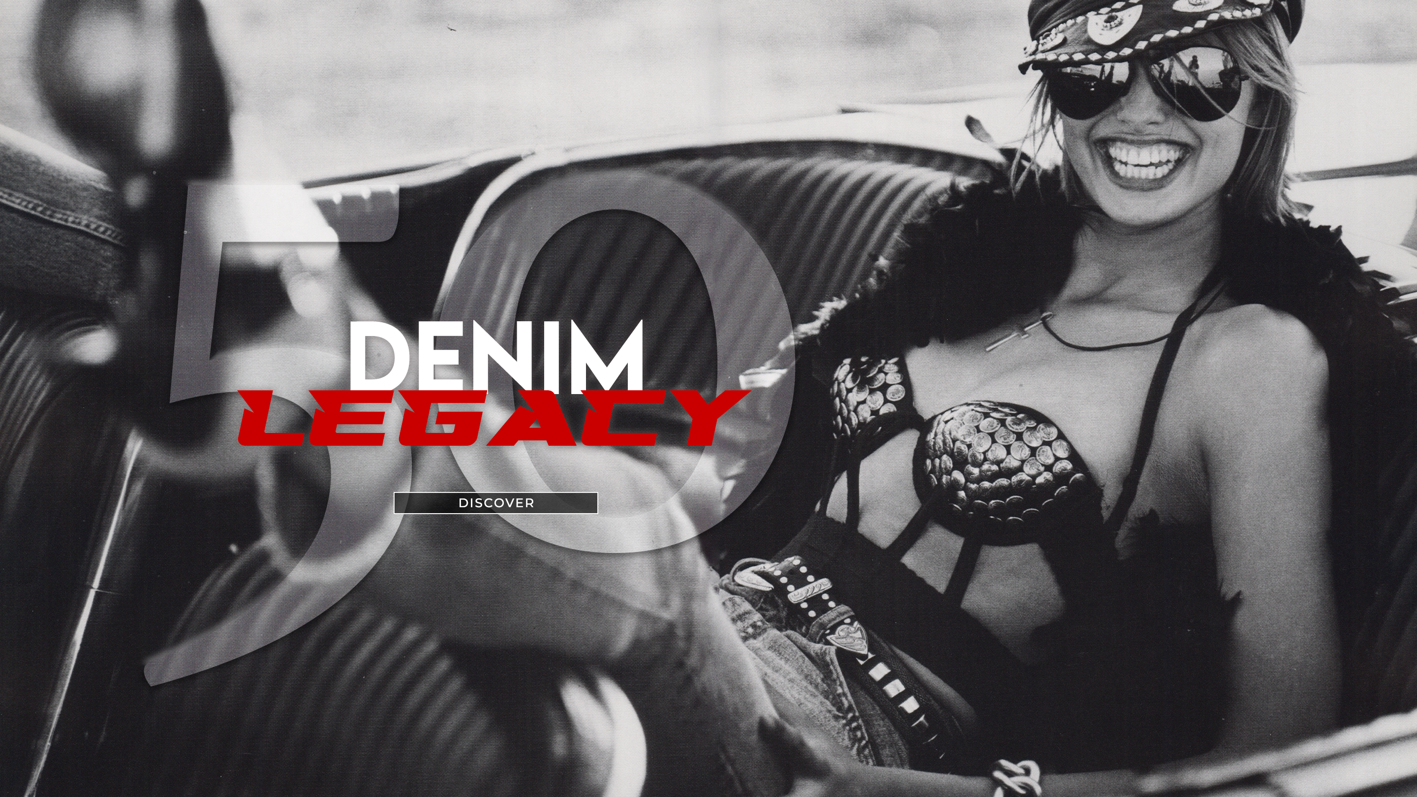 Banner linking to the corporate website. Woman wearing archival Parasuco clothing from the 90s. Text on image: “Denim Legacy. Discover.”