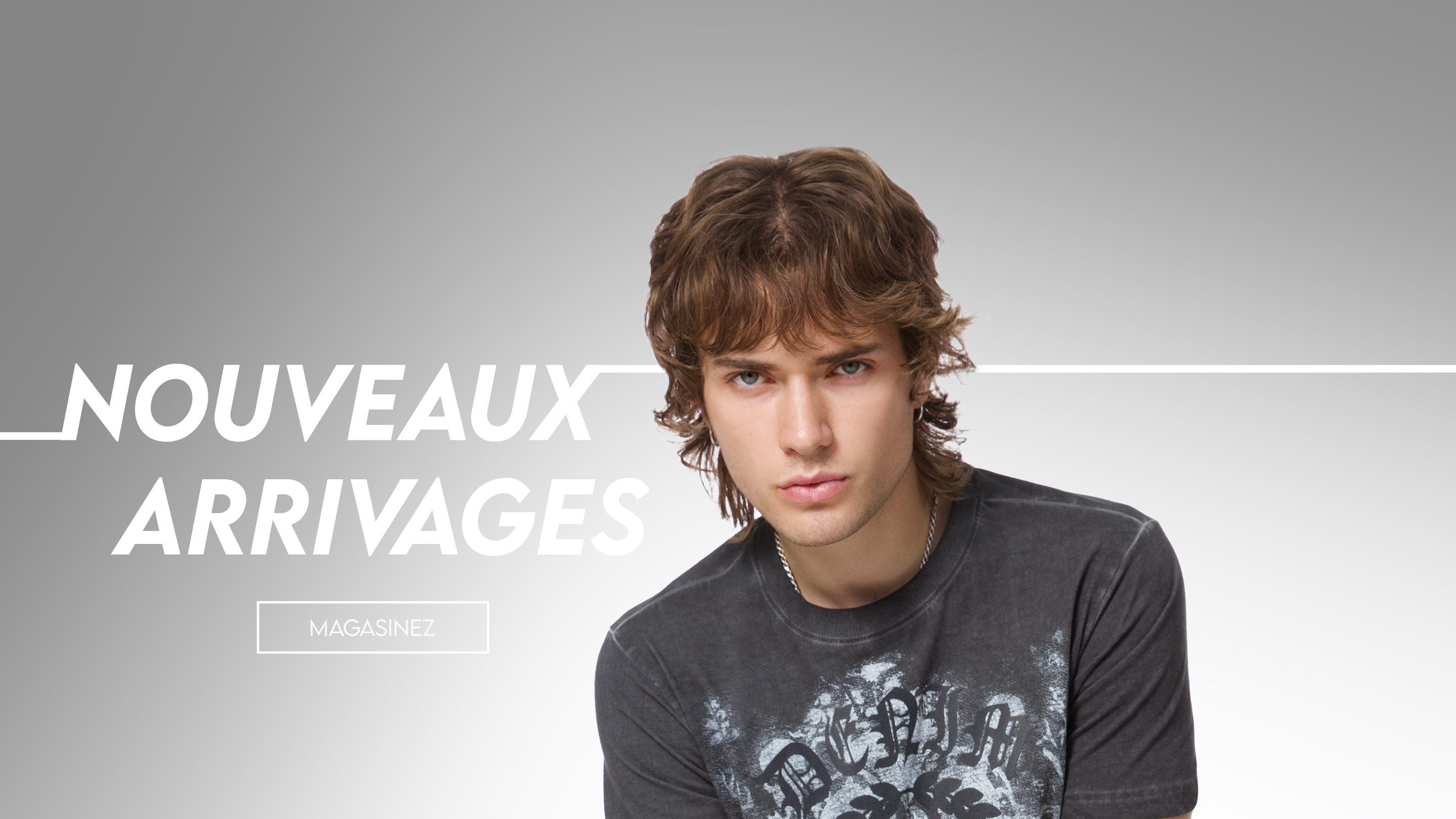 Large banner divided into three sections, 1/3. A low-angle shot of a woman with long, wavy blonde hair looking directly at the camera. She is wearing a sheer black bralette and low-rise jeans. Her hands are on her hips, pulling down the waistband of her jeans. The background is a bright, clear blue sky with a few wispy clouds. Redirecting to women's clothes