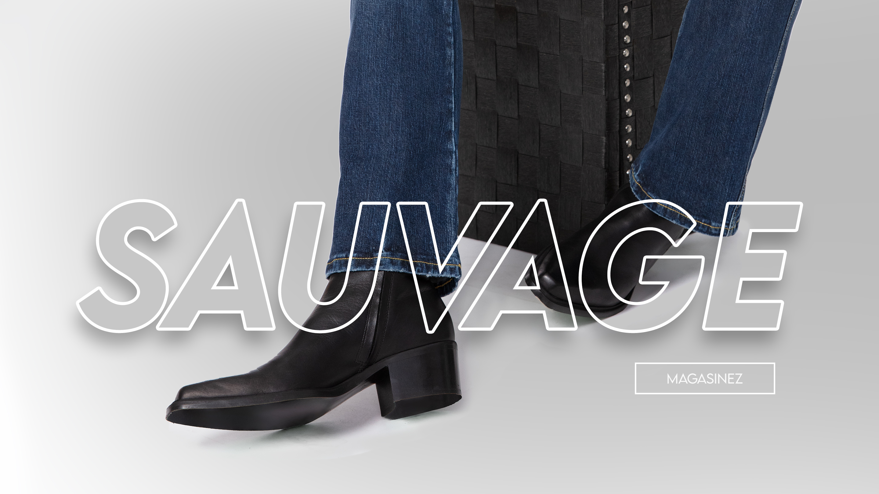 Large banner divided into three sections, 3/3. A low-angle, cropped shot of a person's legs and feet. The person is wearing well-worn, flared blue jeans with frayed hems and white sneakers with black stripes. They are standing on a dirt path with their feet slightly apart. In the background, the undercarriage of a vehicle and two large tires are visible, along with a trailer hitch featuring a small Canadian maple leaf emblem.